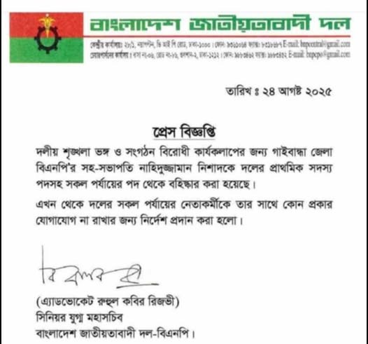 গাইবান্ধার আলোচিত ব্যবসায়ী নিশাদকে বিএনপি থেকে বহিষ্কার