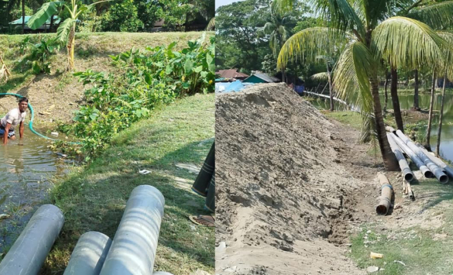 বেড়িবাঁধ কেটে পাইপ স্থাপনের চেষ্টা এলাকাবাসীর প্রতিরোধ