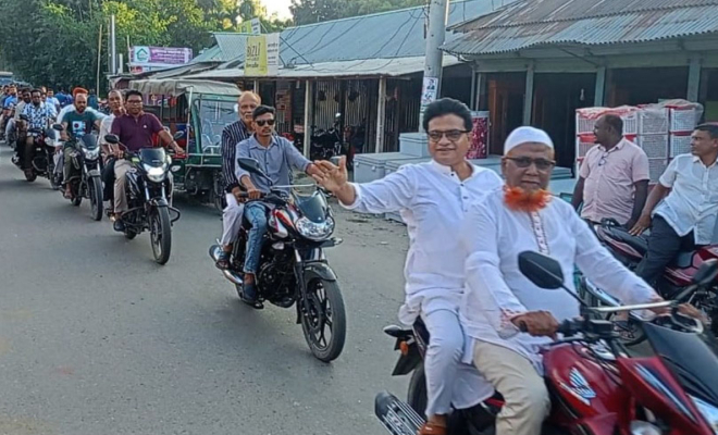 রৌমারীতে ৩১ দফা বাস্তবায়নে মটর সাইকেল যোগে গণসংযোগ ও লিফলেট বিতরণ